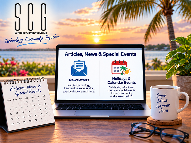Suncoast Computer Group Articles, News and Special Events featuring technology newsletters, holidays and calendar events